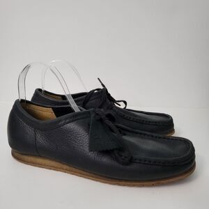 CLARKS Wallabee Shoes Mens 10 Black Leather Lace Up Moccasin Comfort Casual